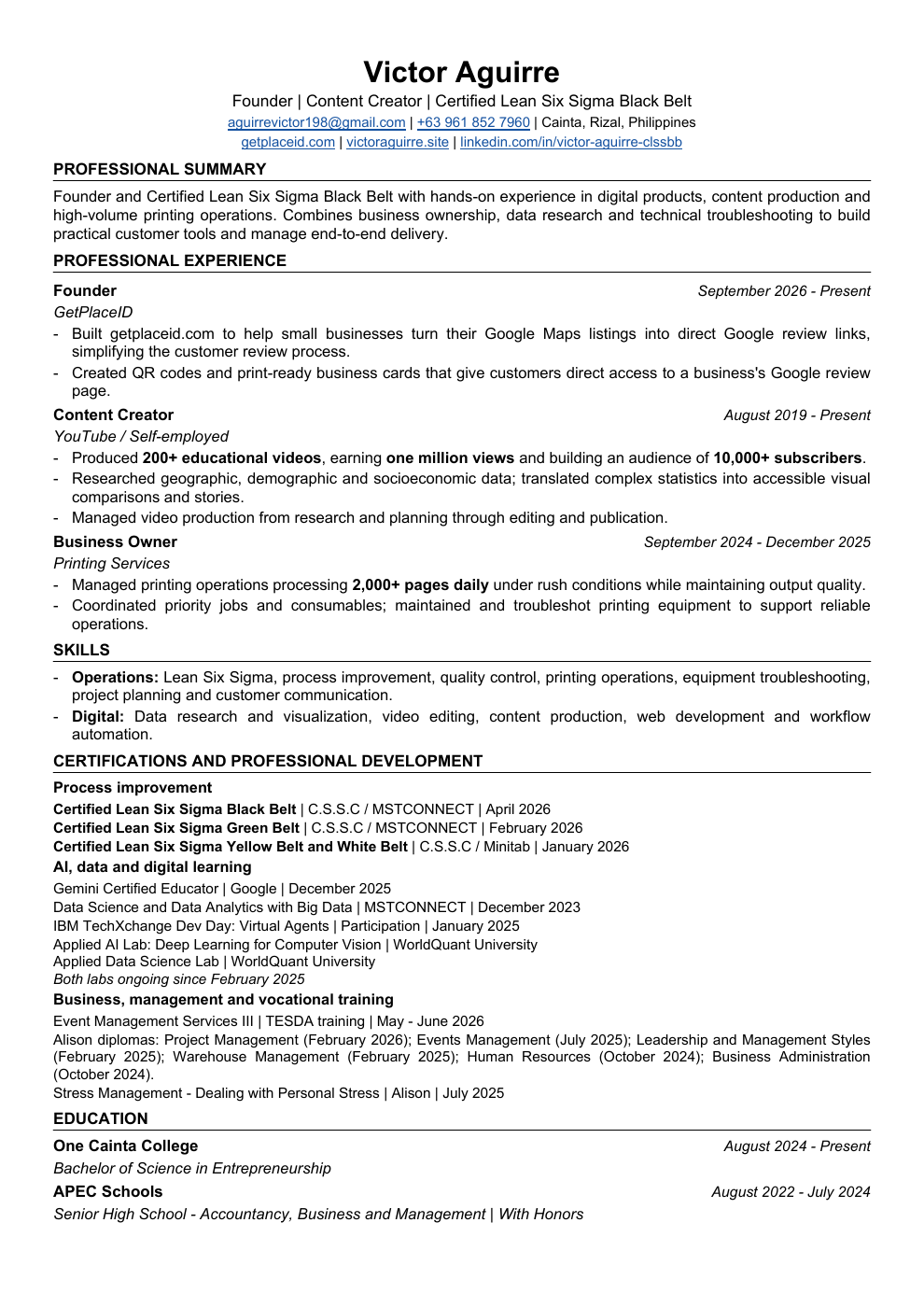 Victor Aguirre professional resume. Use Open resume or Download PDF above for selectable text.